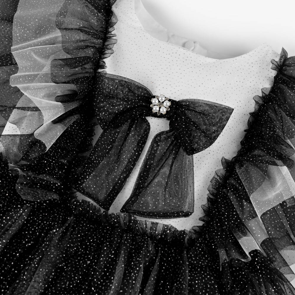 Patachou-Girls Glittery White & Black Frilly Dress with Bow | Childrensalon Outlet