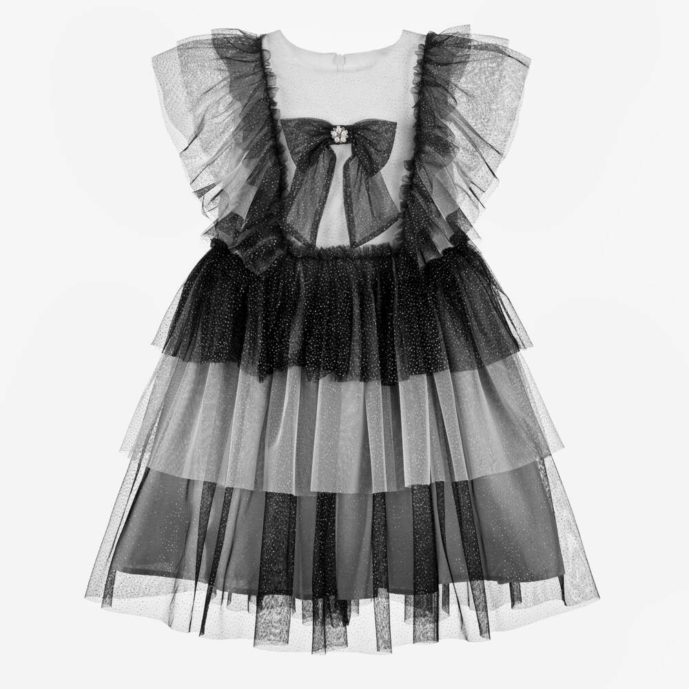 Patachou-Girls Glittery White & Black Frilly Dress with Bow | Childrensalon Outlet