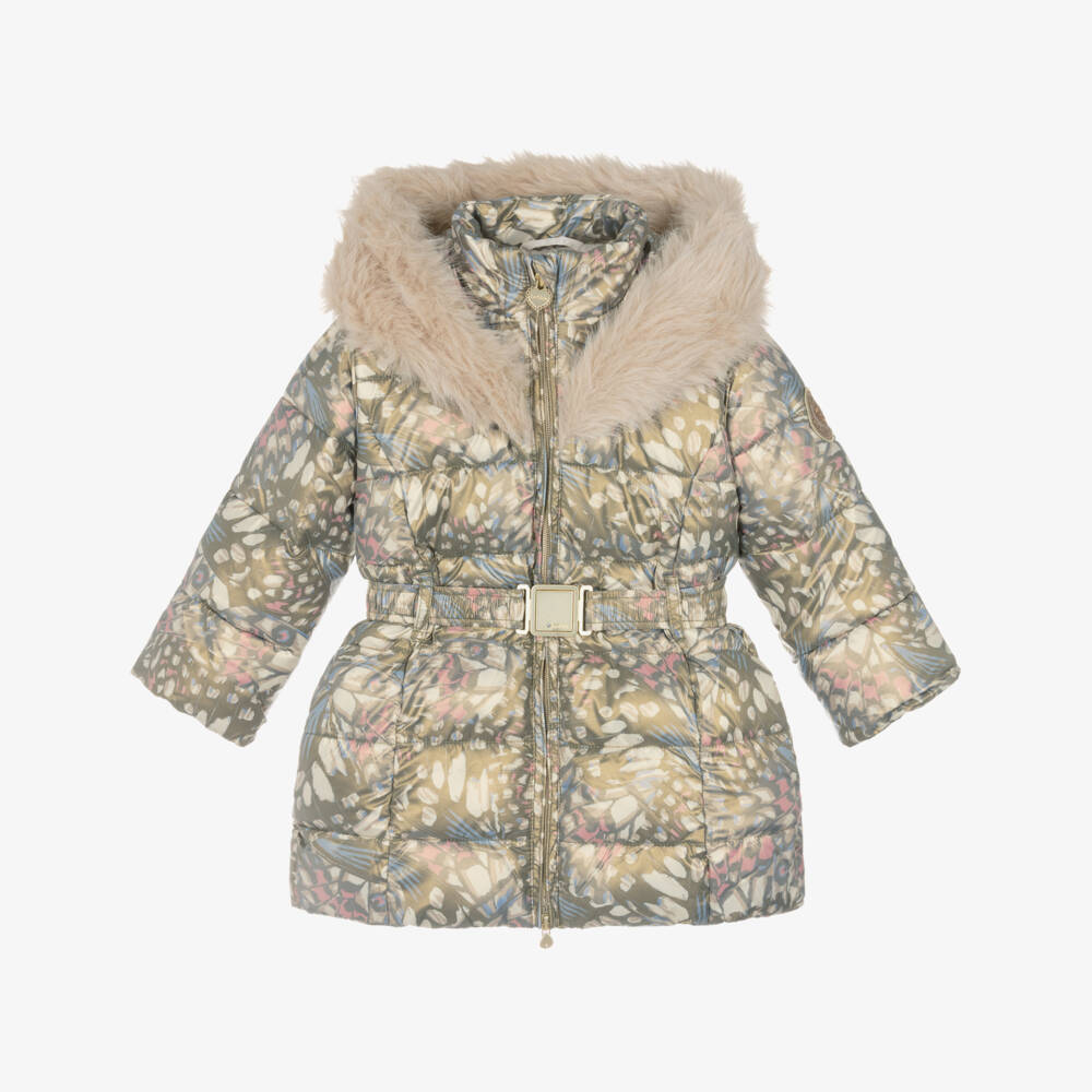 Le Chic-Girls Gold Butterfly Print Coat with Faux Fur Trim Hood | Childrensalon Outlet