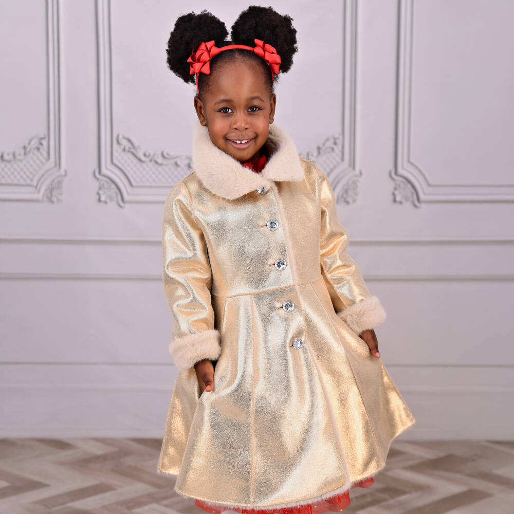 Angel's Face-Girls Gold Faux Leather Coat with Faux Fur Trims | Childrensalon Outlet