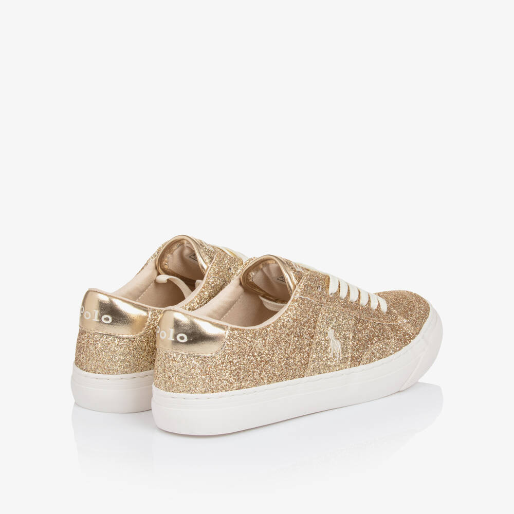 Ralph Lauren-Girls Gold Glitter Signature Pony Lace-Up Trainers | Childrensalon Outlet