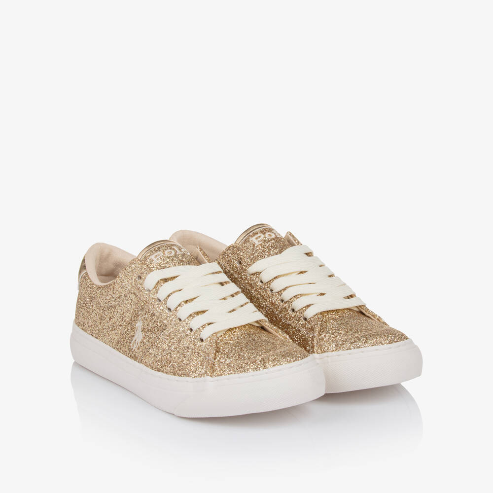Ralph Lauren-Girls Gold Glitter Signature Pony Lace-Up Trainers | Childrensalon Outlet