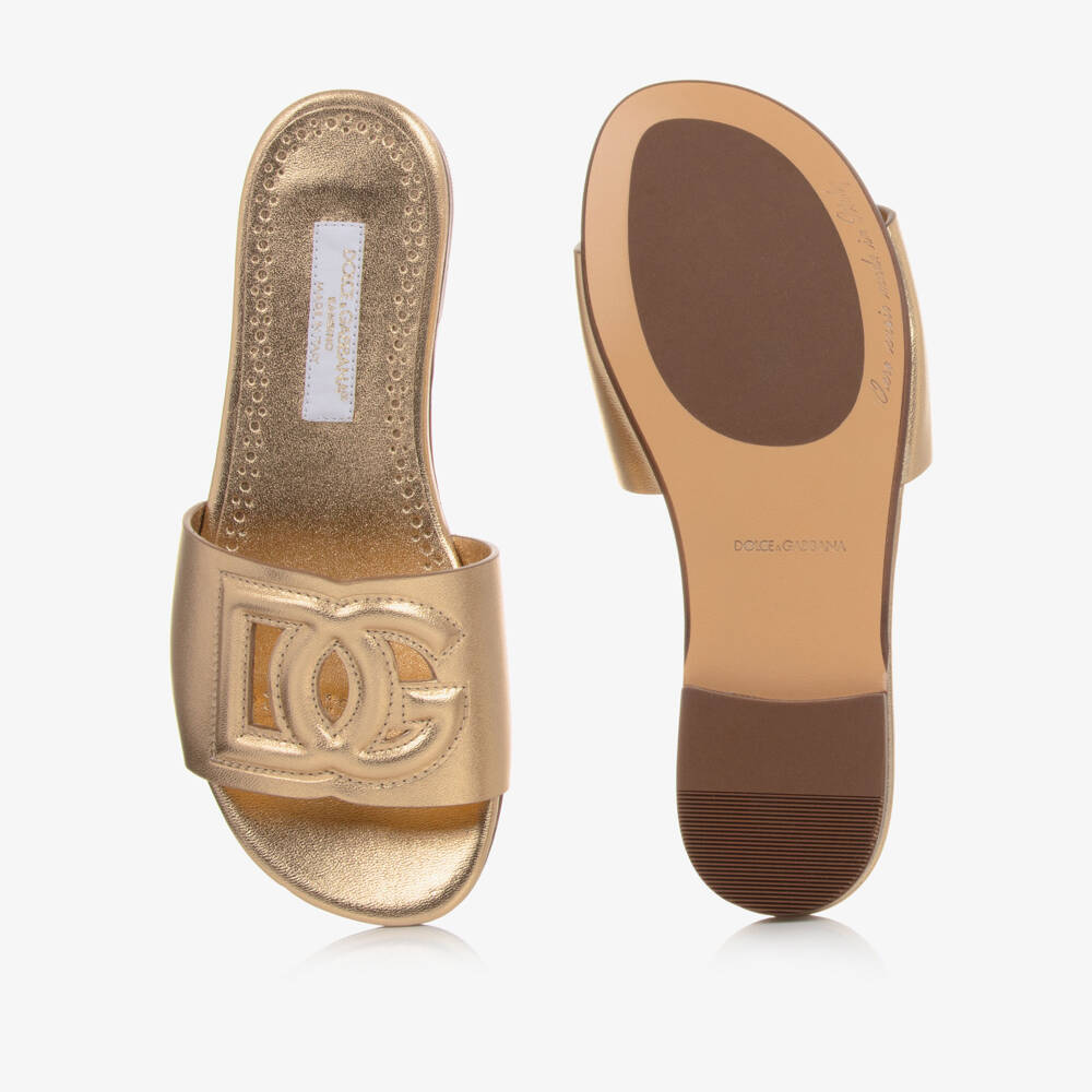 Dolce & Gabbana-Girls Gold Leather DG Sliders | Childrensalon Outlet