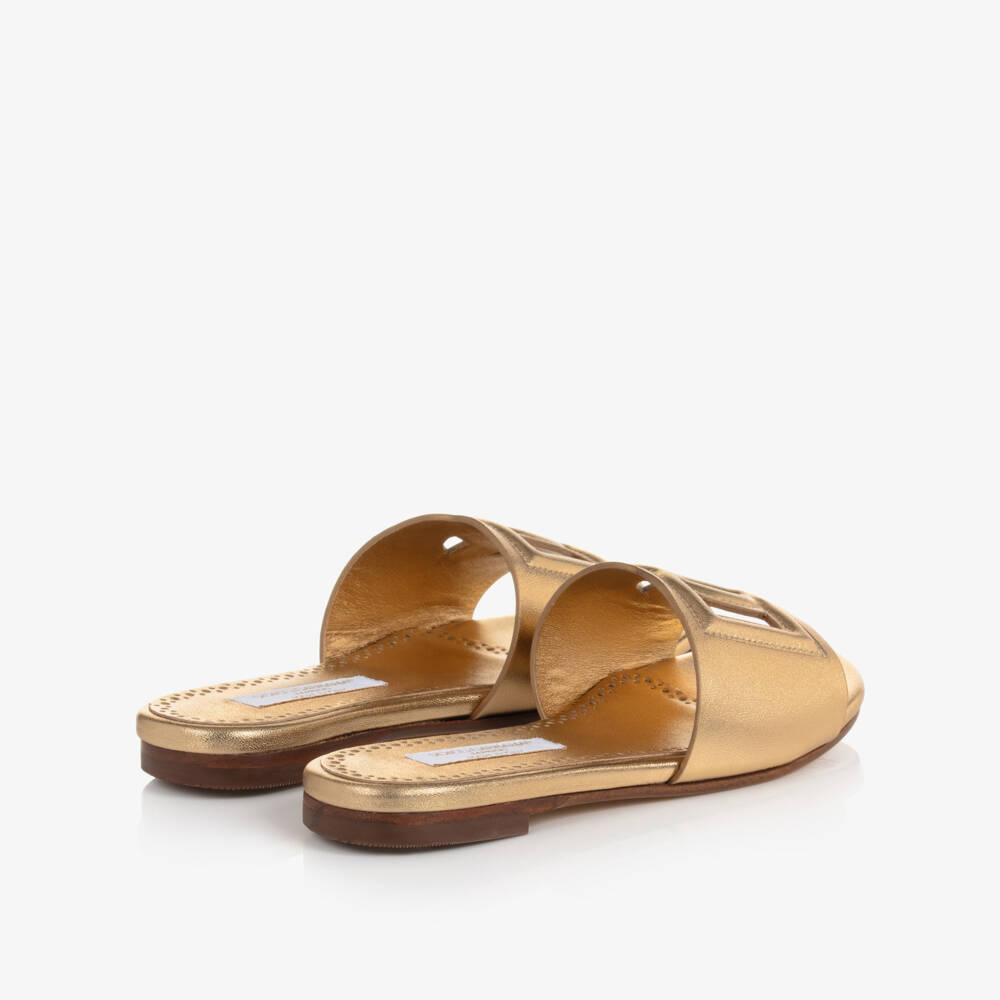 Dolce & Gabbana-Girls Gold Leather DG Sliders | Childrensalon Outlet