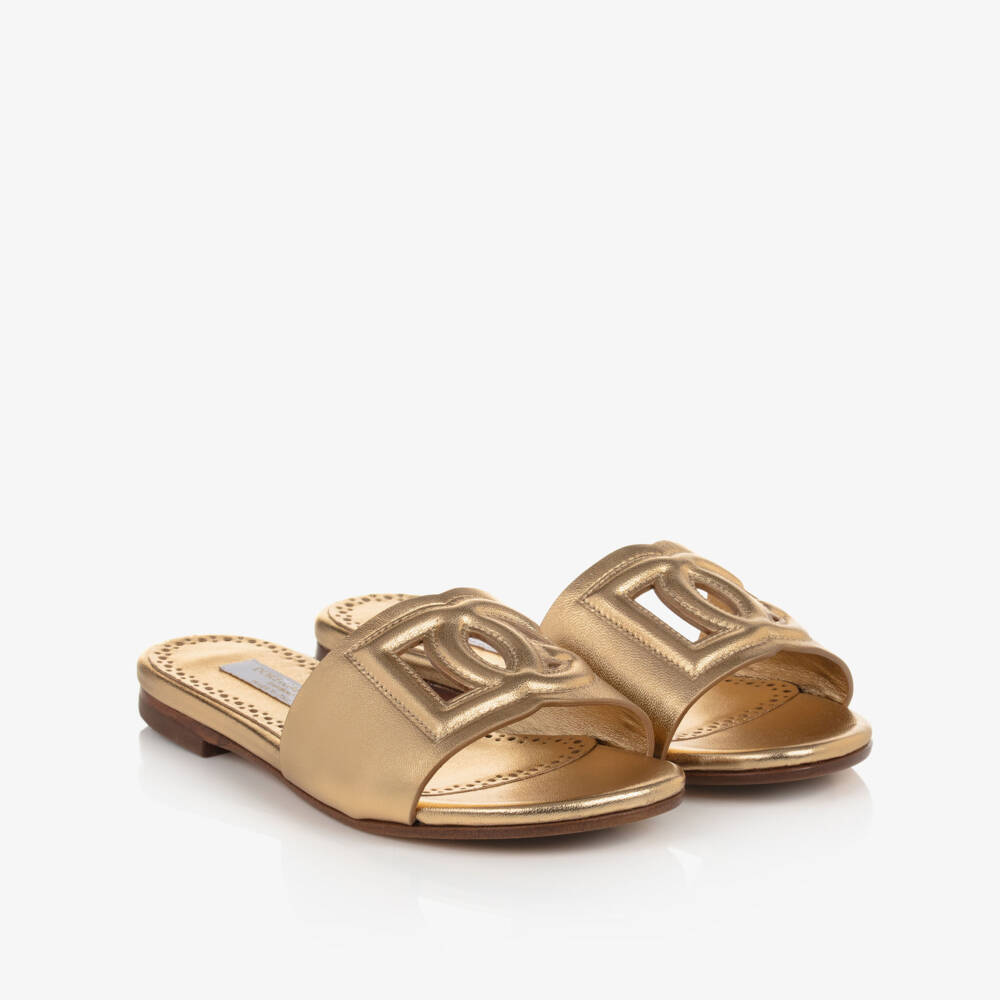 Dolce & Gabbana-Girls Gold Leather DG Sliders | Childrensalon Outlet