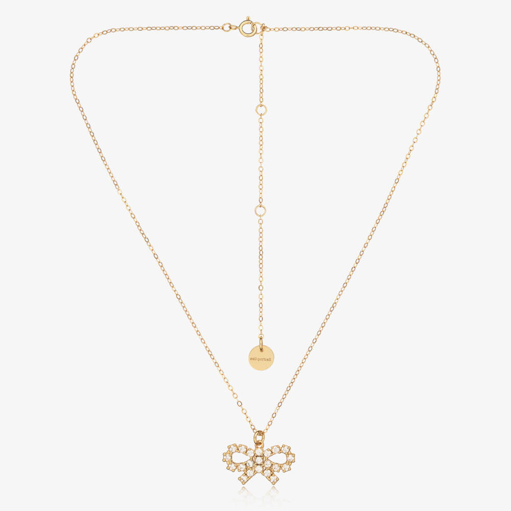 Self-Portrait-Girls Gold Micro Crystal Bow Necklace (50cm) | Childrensalon Outlet