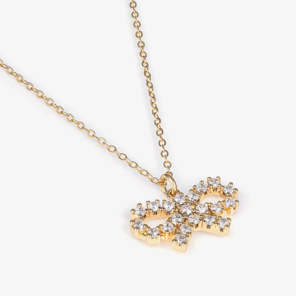 Self-Portrait-Girls Gold Micro Crystal Bow Necklace (50cm) | Childrensalon Outlet