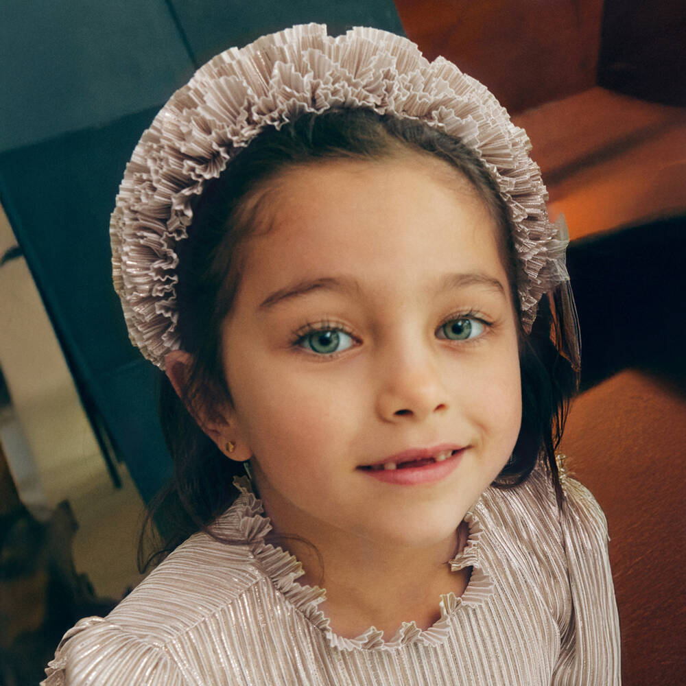 Abel & Lula-Girls Gold Satin Hairband with Pleated Ruffles | Childrensalon Outlet