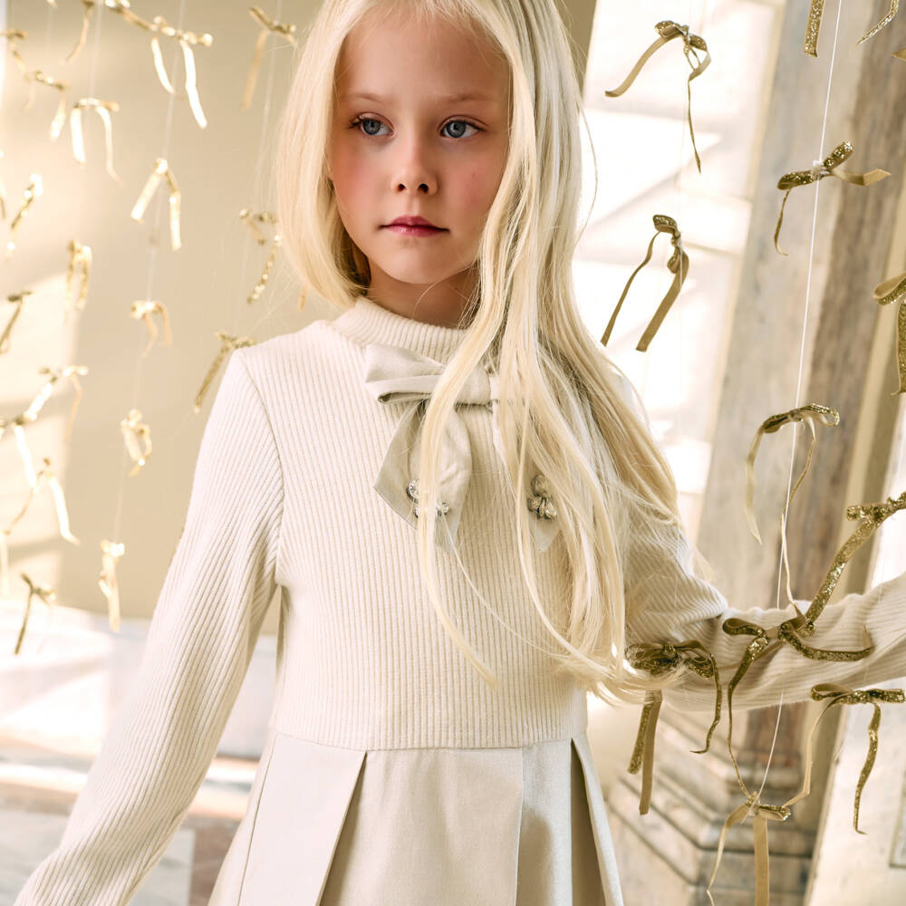 Patachou-Girls Gold Shimmery Knit Bow Dress | Childrensalon Outlet