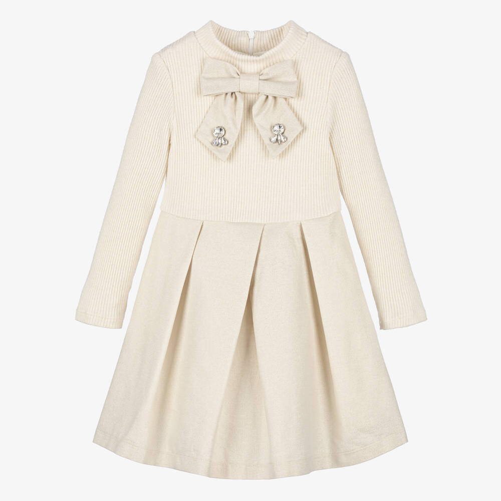 Patachou-Girls Gold Shimmery Knit Bow Dress | Childrensalon Outlet