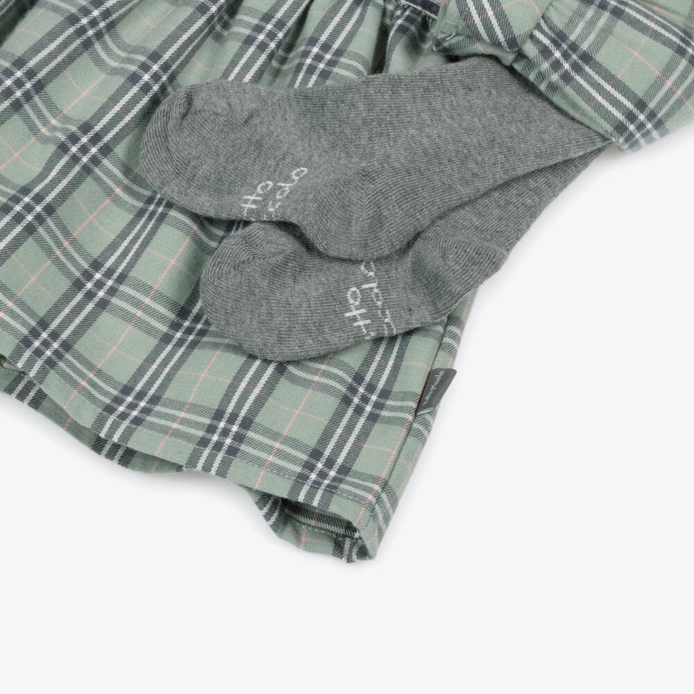 Tutto Piccolo-Girls Green Check Cotton Twill Dress & Tights Set | Childrensalon Outlet