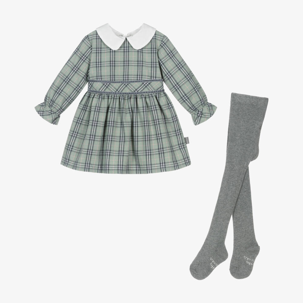 Tutto Piccolo-Girls Green Check Cotton Twill Dress & Tights Set | Childrensalon Outlet
