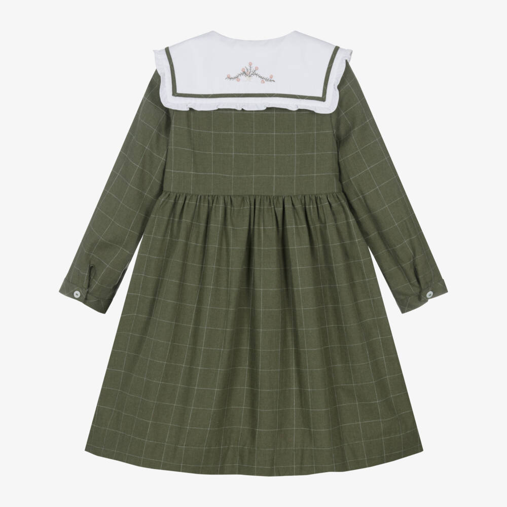 Kidiwi-Girls Green Checked Cotton Dress with Embroidered Collar | Childrensalon Outlet