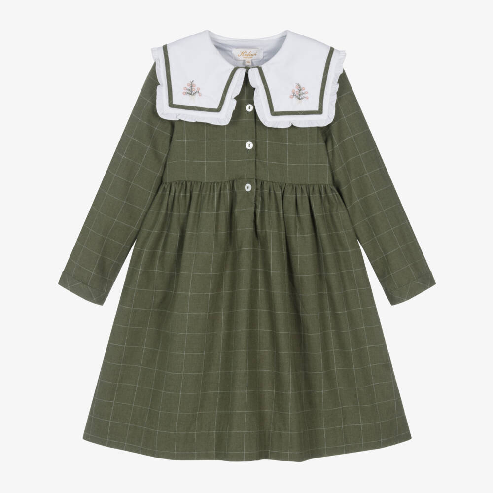 Kidiwi-Girls Green Checked Cotton Dress with Embroidered Collar | Childrensalon Outlet