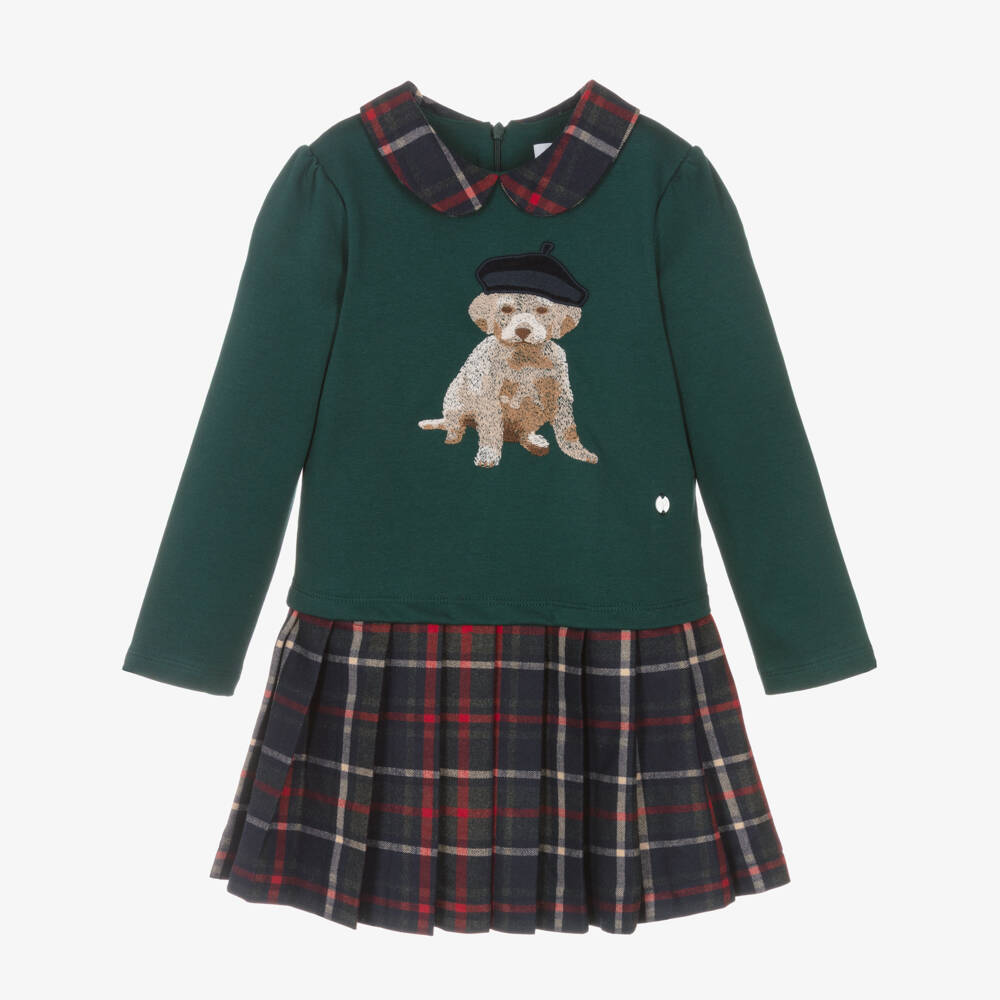 Patachou-Girls Green Cotton Jersey & Tartan Dress | Childrensalon Outlet