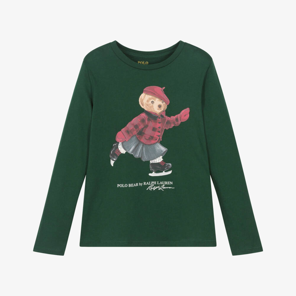 Ralph Lauren-Girls Green Cotton Jersey Top with Polo Bear Print | Childrensalon Outlet