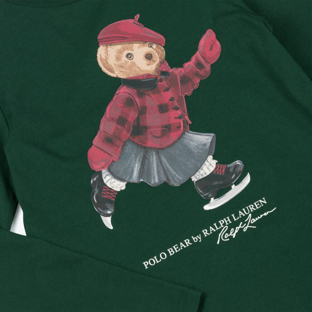Ralph Lauren-Girls Green Cotton Jersey Top with Polo Bear Print | Childrensalon Outlet