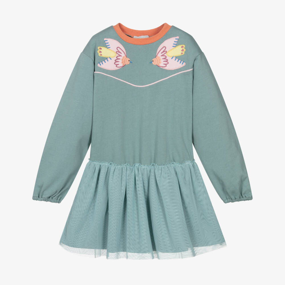Stella McCartney Kids-فستان تول أخضر للبنات مزين بالطيور | Childrensalon Outlet