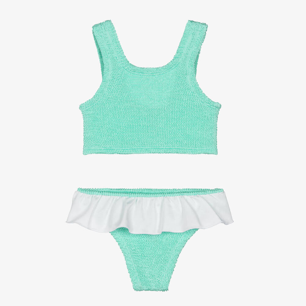 Hunza G-Girls Green Crinkle Bikini with White Frill | Childrensalon Outlet