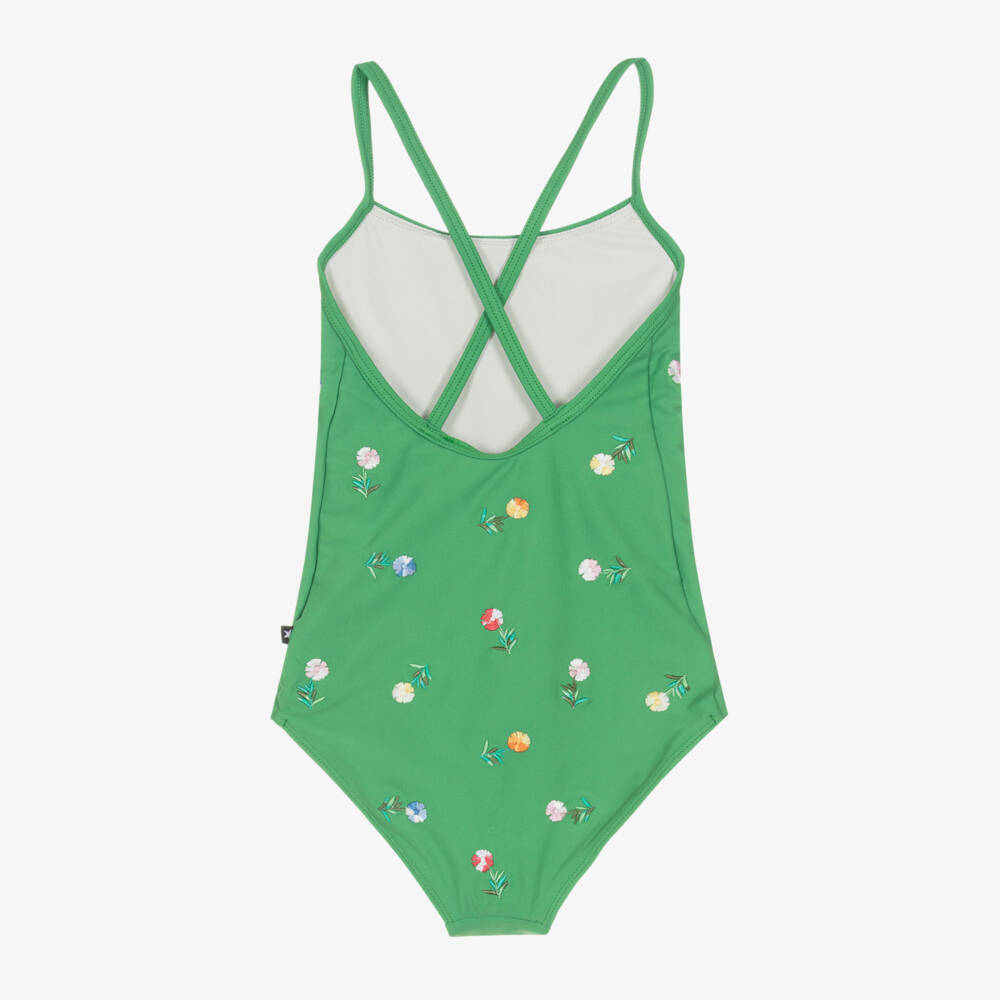 Molo-Girls Green Floral Embroidered Swimsuit (UPF50+) | Childrensalon Outlet