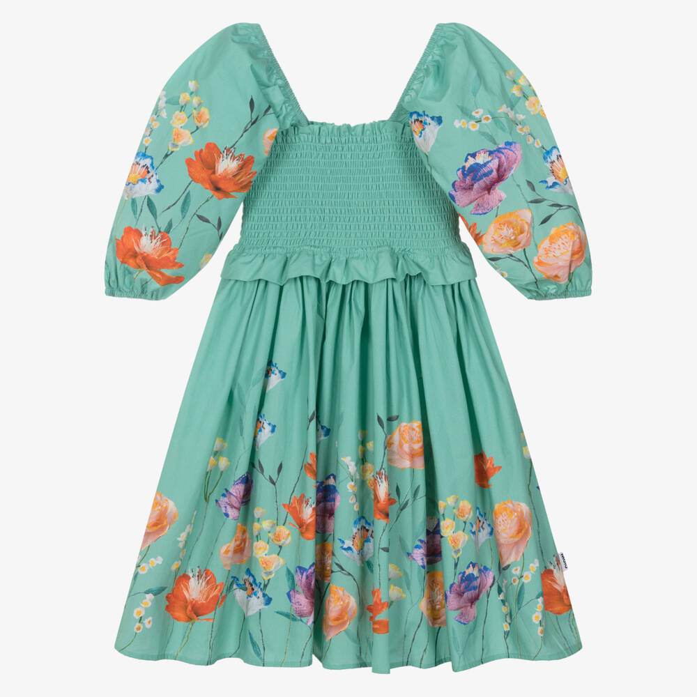 Molo-Girls Green Floral Print Shirred Organic Cotton Dress | Childrensalon Outlet