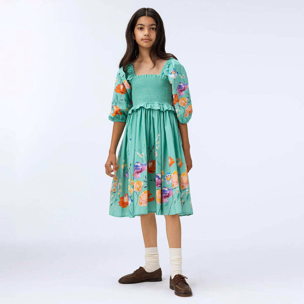 Molo-Girls Green Floral Print Shirred Organic Cotton Dress | Childrensalon Outlet