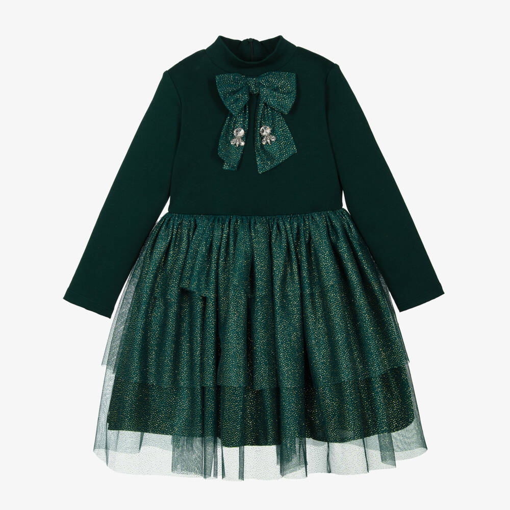 Patachou-Girls Green Glittery Tulle Tiered Dress | Childrensalon Outlet