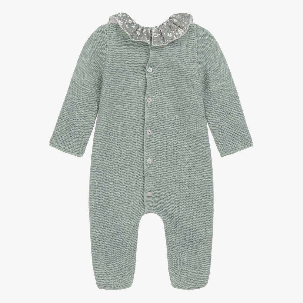 Mebi-Girls Green Knitted Babygrow with Floral Ruffle Collar | Childrensalon Outlet