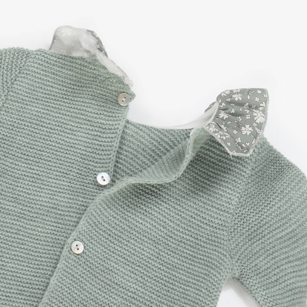 Mebi-Girls Green Knitted Babygrow with Floral Ruffle Collar | Childrensalon Outlet