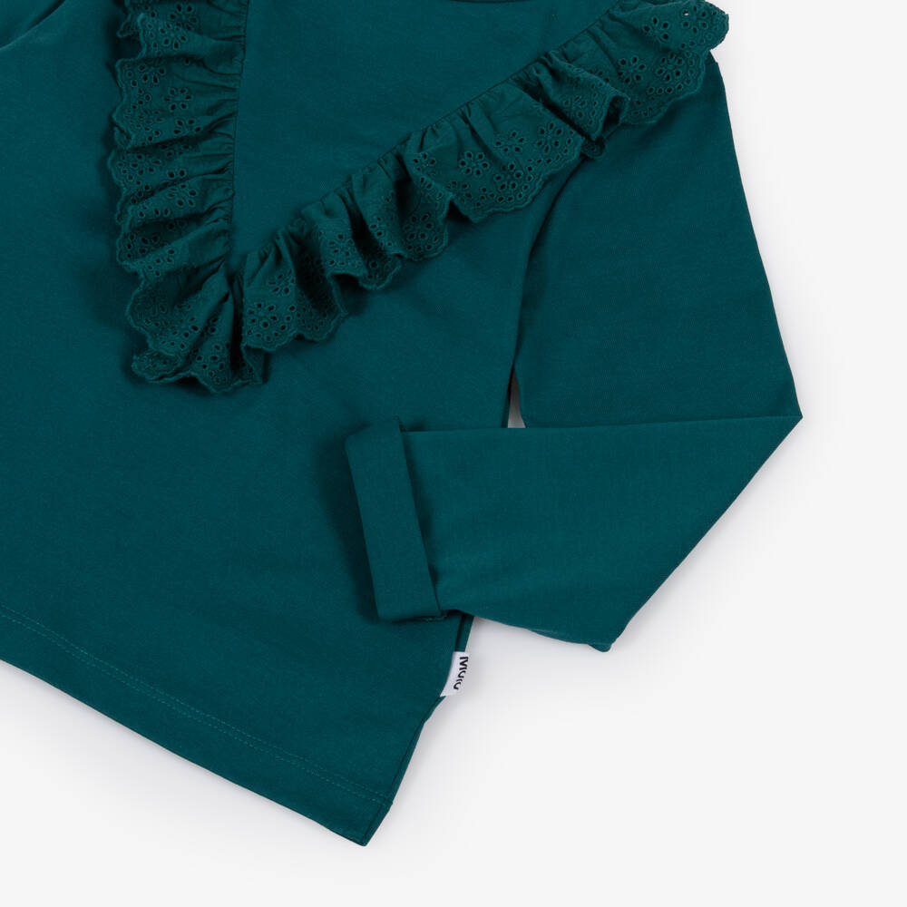 Molo-Girls Green Organic Cotton Ruffle Trim Top | Childrensalon Outlet
