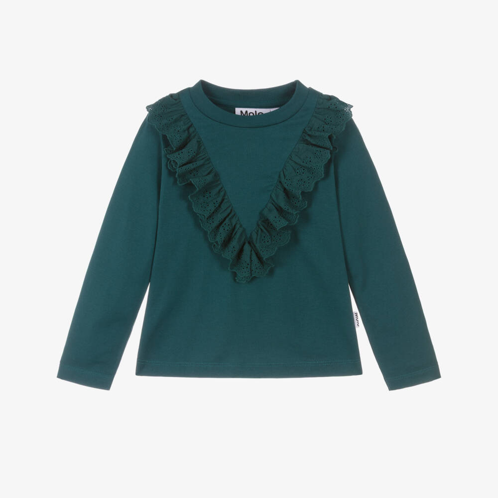 Molo-Girls Green Organic Cotton Ruffle Trim Top | Childrensalon Outlet