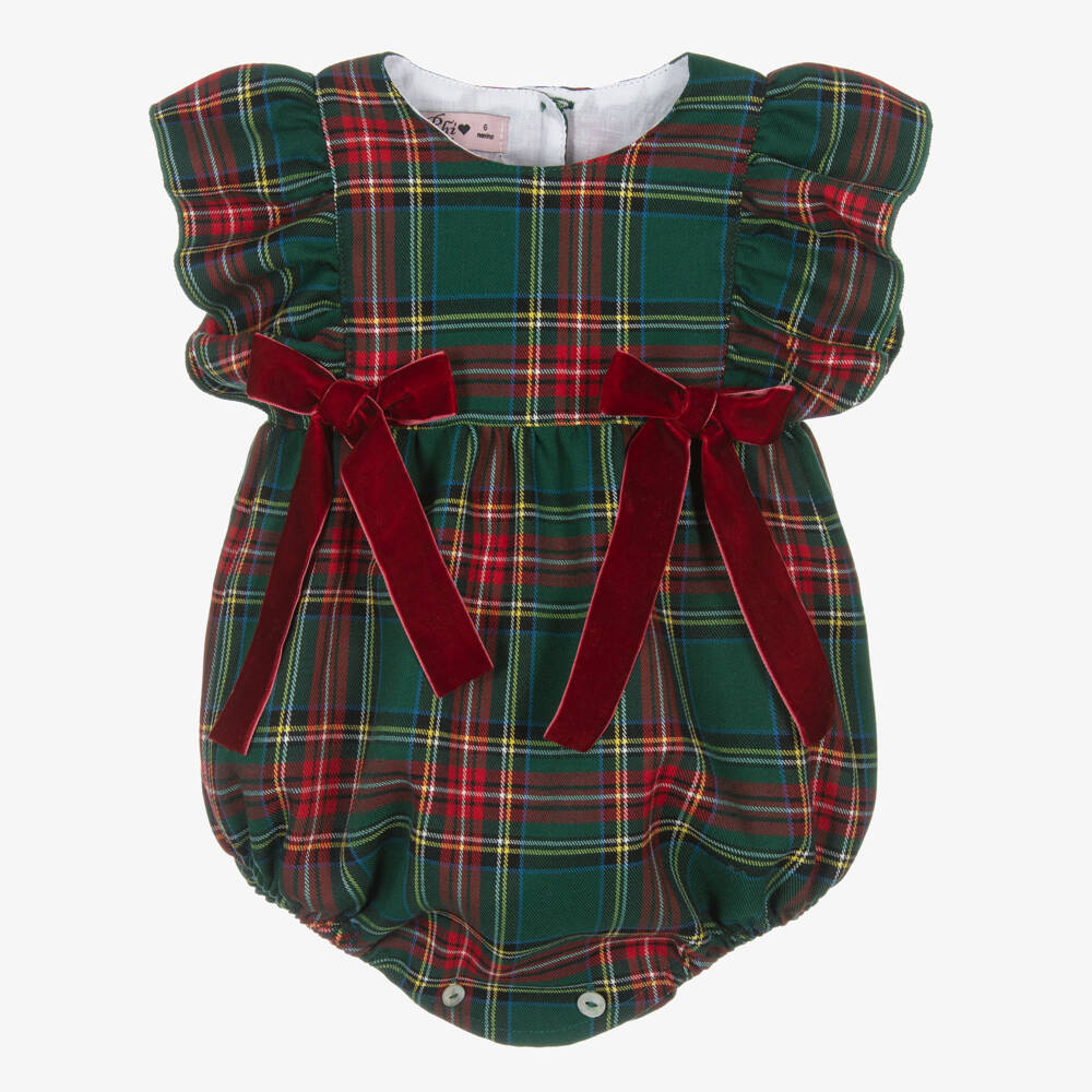 Phi Clothing-Girls Green & Red Tartan Shortie with Red Velvet Bows | Childrensalon Outlet