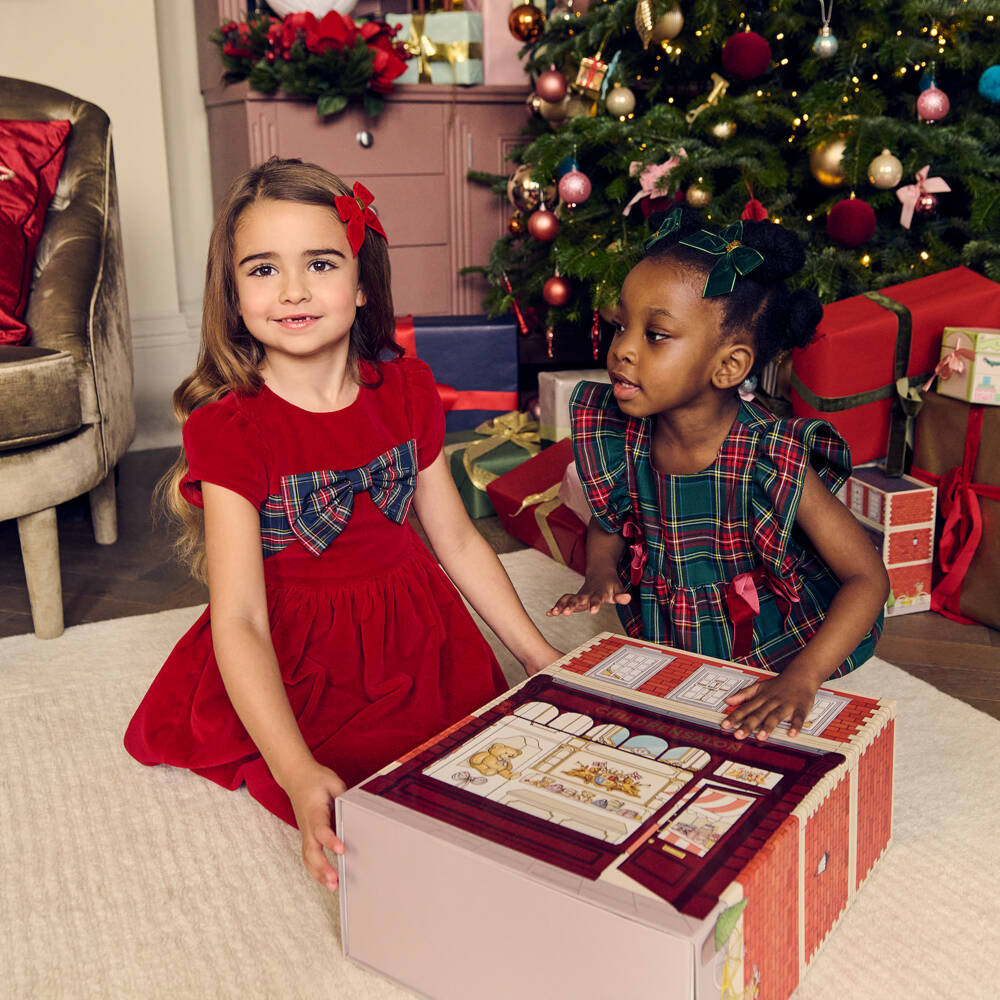 Phi Clothing-Girls Green & Red Tartan Shortie with Red Velvet Bows | Childrensalon Outlet