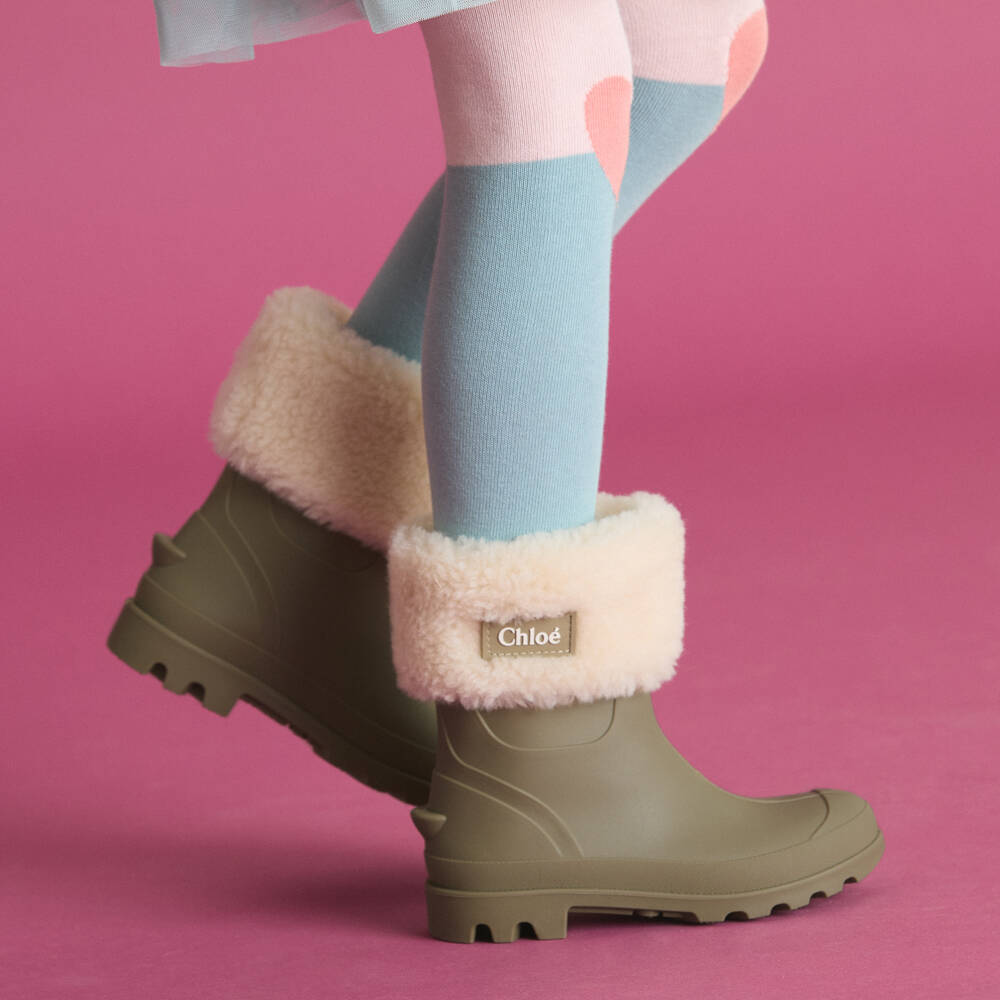 Chloé-Girls Green Rubber & Faux Fur Rain Boots | Childrensalon Outlet