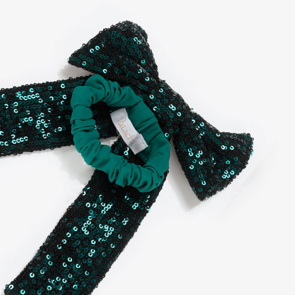 Patachou-Girls Green Sequinned Bow Scrunchy (15cm) | Childrensalon Outlet