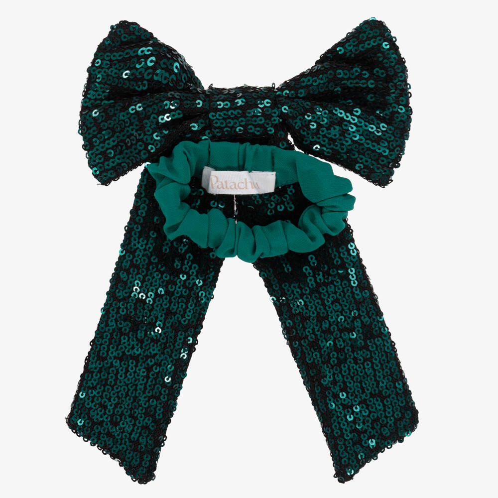 Patachou-Girls Green Sequinned Bow Scrunchy (15cm) | Childrensalon Outlet