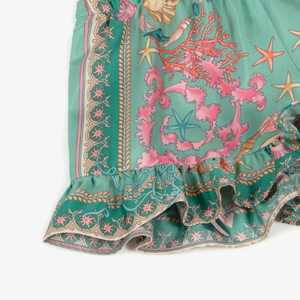 Versace-Girls Green Silk Underwater Barocco Print Shorts | Childrensalon Outlet