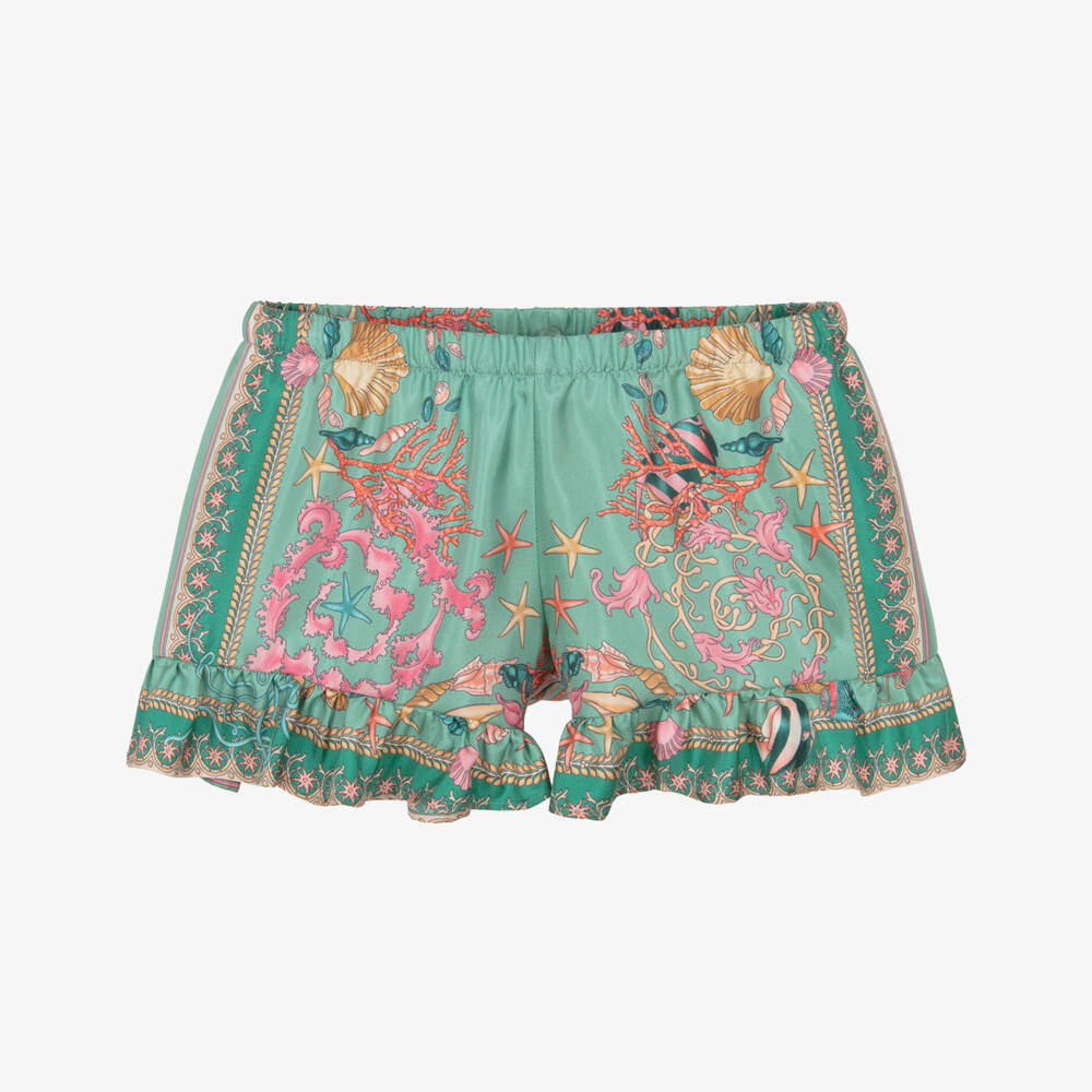 Versace-Girls Green Silk Underwater Barocco Print Shorts | Childrensalon Outlet