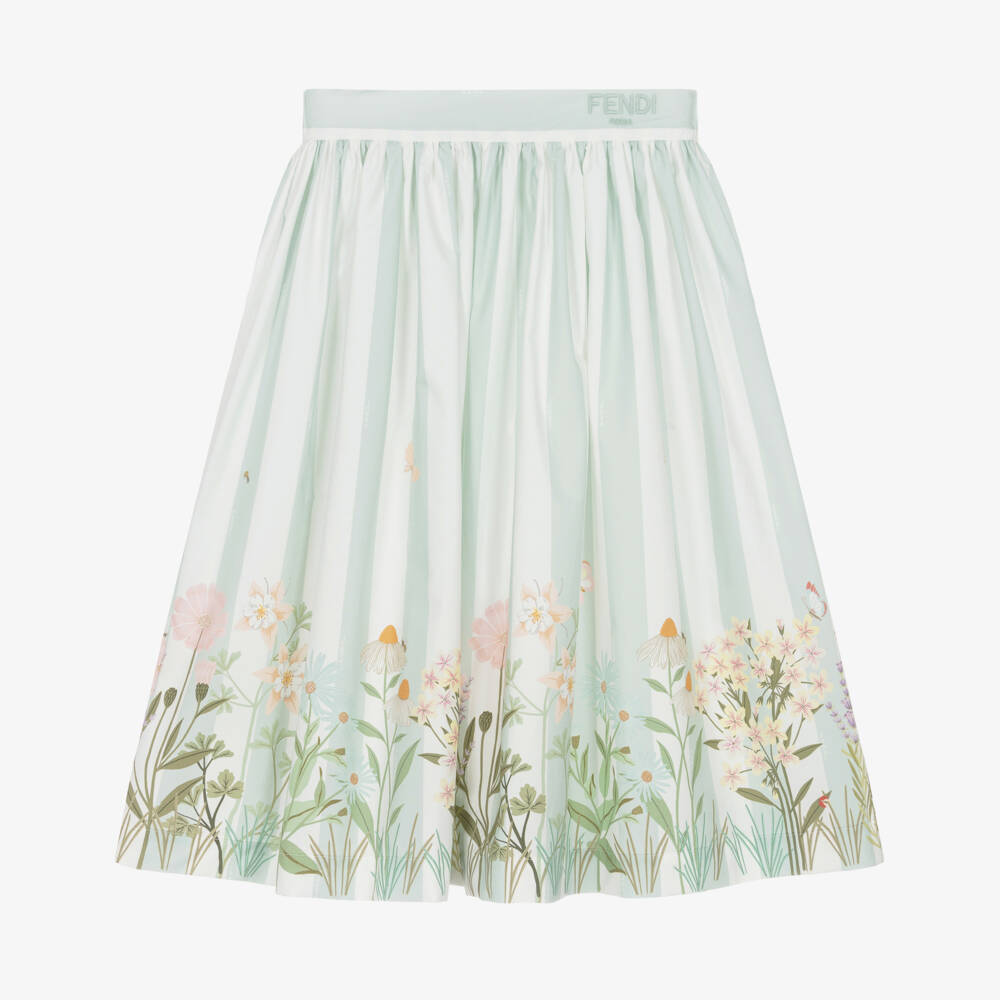 Fendi-Girls Green Stripe & Floral Cotton Skirt | Childrensalon Outlet