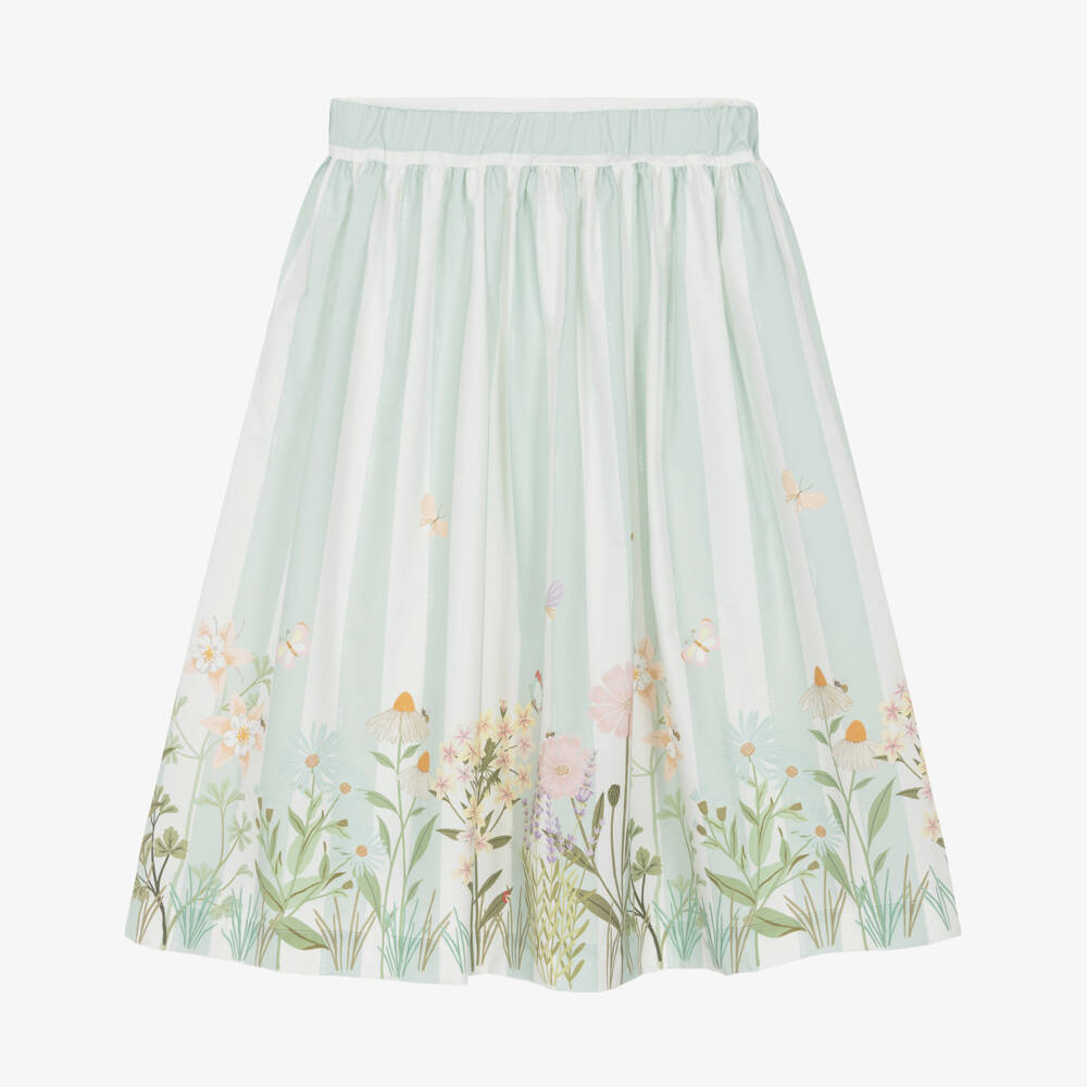 Fendi-Girls Green Stripe & Floral Cotton Skirt | Childrensalon Outlet