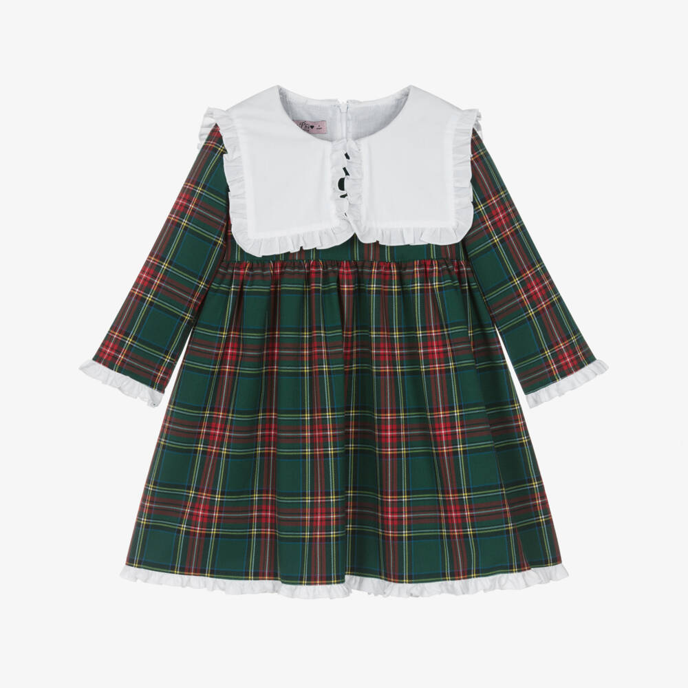 Phi Clothing-Girls Green Tartan Dress with White Collar | Childrensalon Outlet