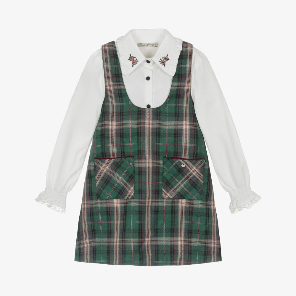 Piccola Speranza-Girls Green Tartan Pinafore Dress & Blouse Set | Childrensalon Outlet