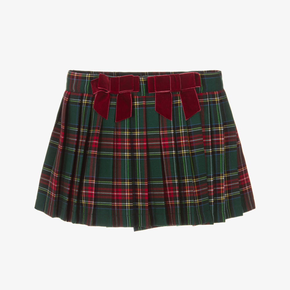 Phi Clothing-Girls Green Tartan Pleated Skirt with Red Velvet Bows | Childrensalon Outlet
