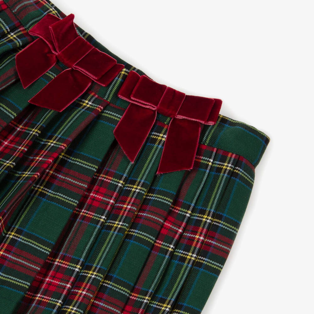 Phi Clothing-Girls Green Tartan Pleated Skirt with Red Velvet Bows | Childrensalon Outlet