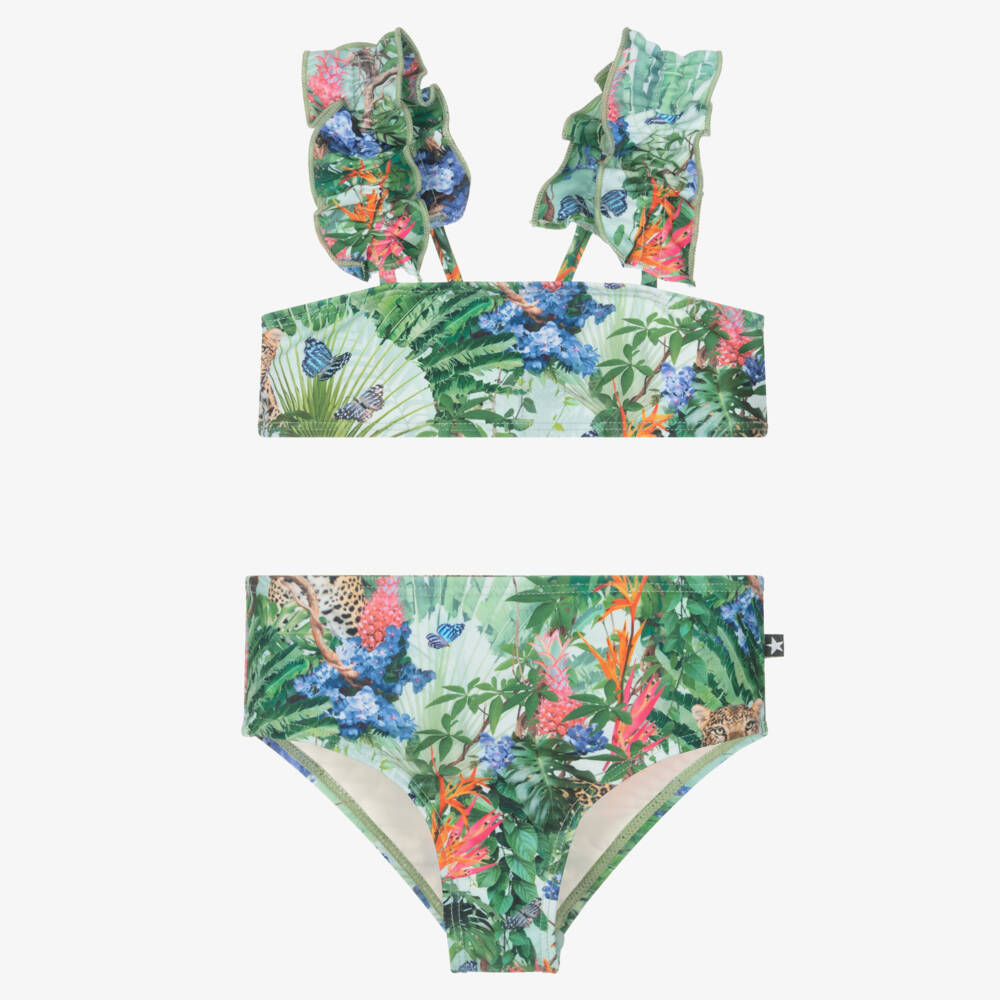 Molo-Girls Green Tropical Print Bikini (UPF50+) | Childrensalon Outlet