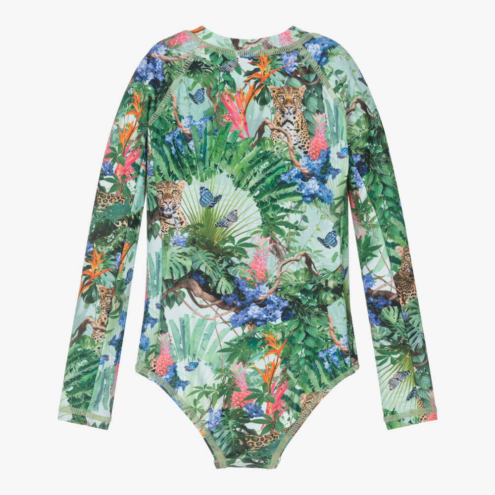 Molo-Girls Green Tropical Print Swimsuit (UPF50+) | Childrensalon Outlet