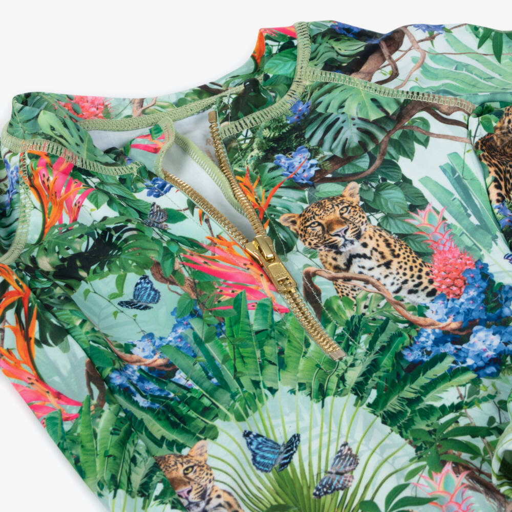 Molo-Girls Green Tropical Print Swimsuit (UPF50+) | Childrensalon Outlet
