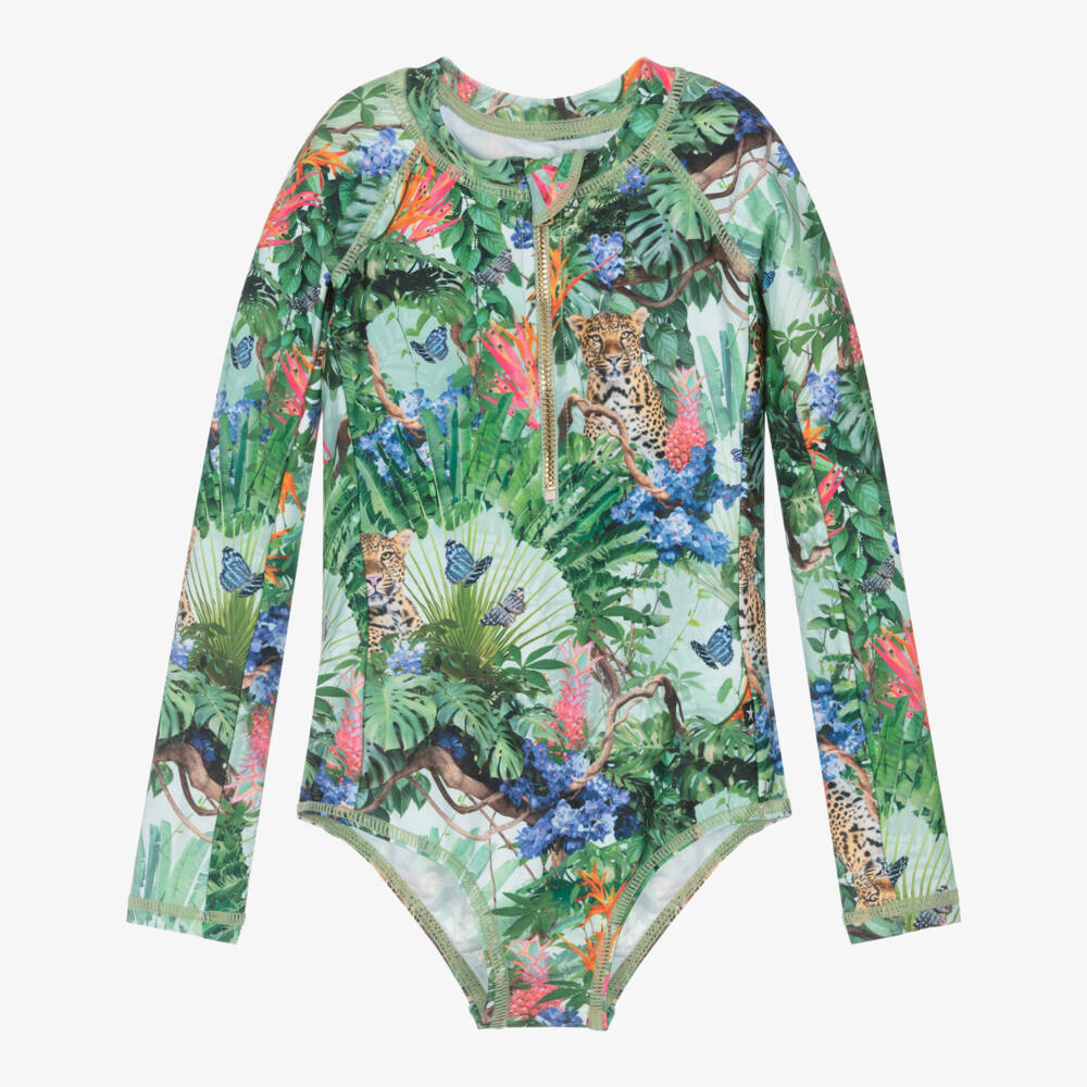 Molo-Girls Green Tropical Print Swimsuit (UPF50+) | Childrensalon Outlet