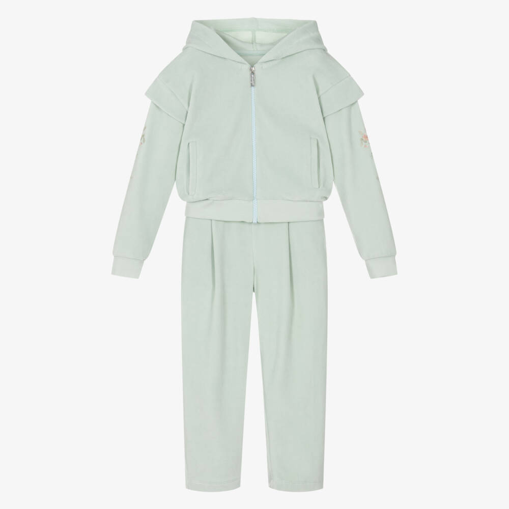 Lapin House-Girls Green Velour Flowers Tracksuit with DiamantÃ© Flowers | Childrensalon Outlet