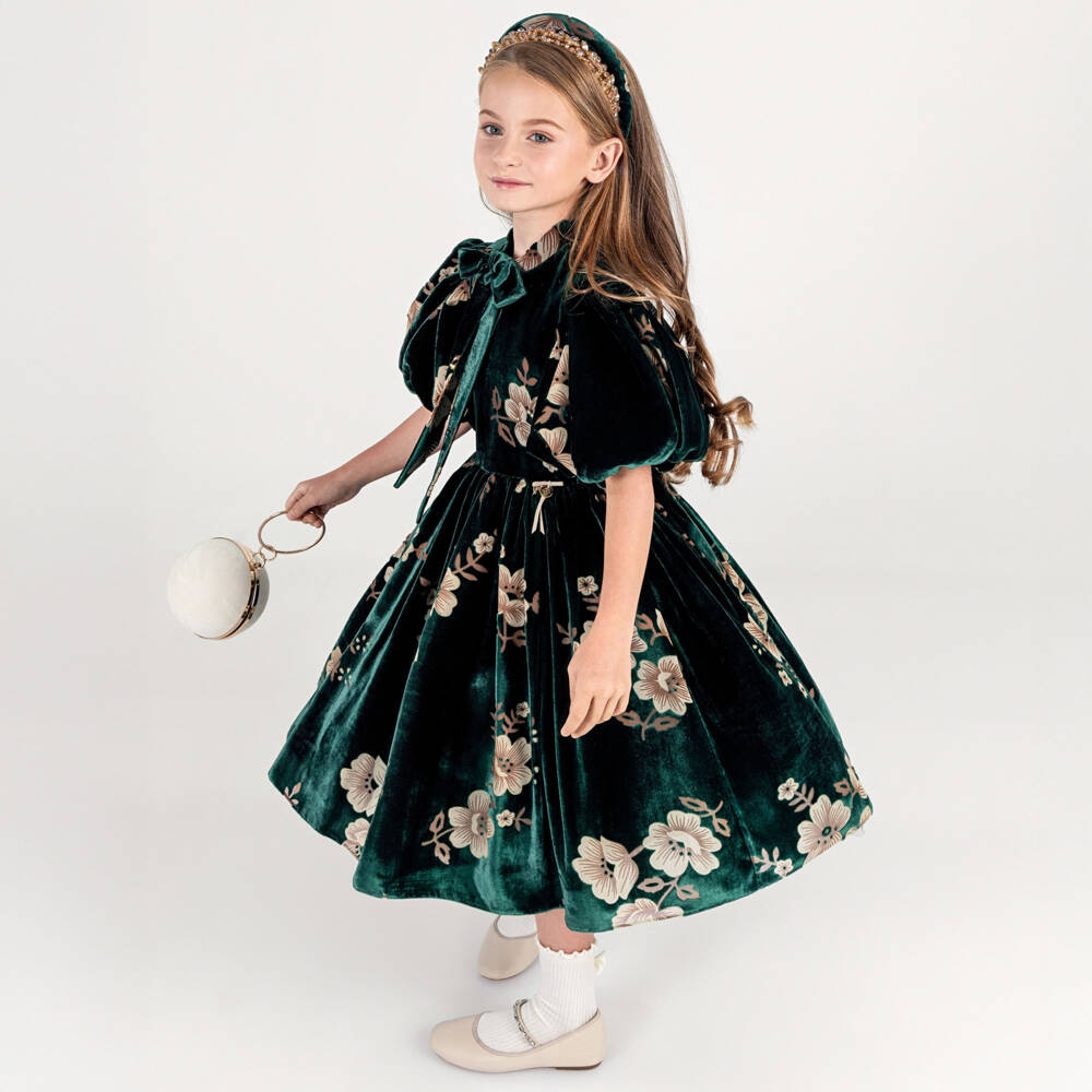 Junona-Girls Green Velvet Floral Dress | Childrensalon Outlet